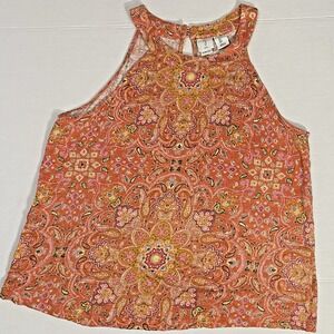 JOIE Tank Top Knit 100% Linen Boho Halter Neck Blouse Orange Print Sz M